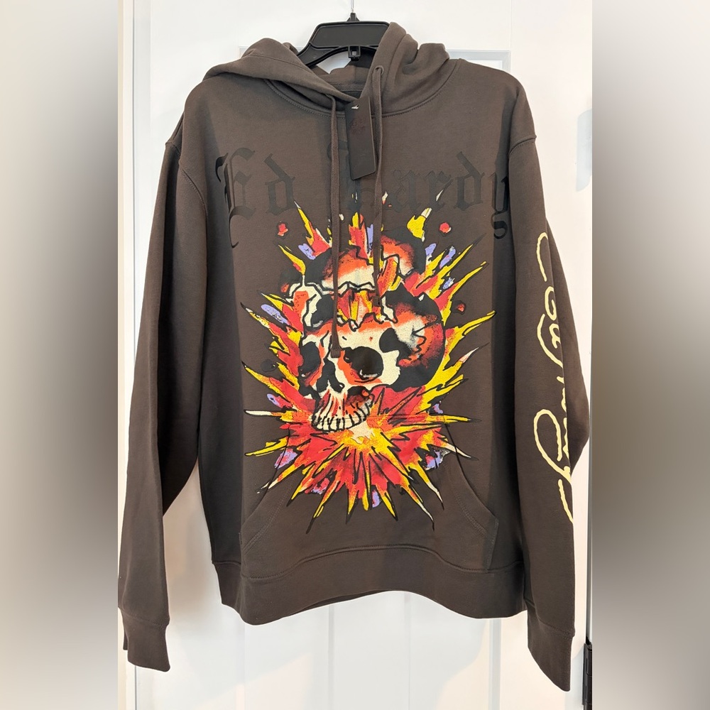 Ed Hardy Men's Charcoal Hoodie with Skull and Flames
